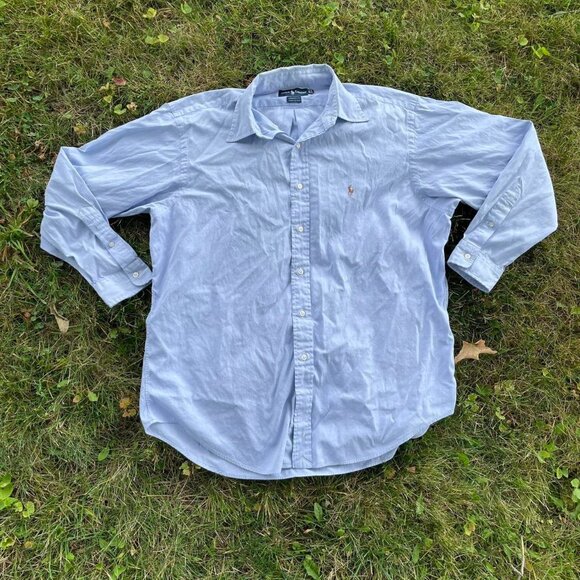 Vintage Ralph Lauren Oxford Shirt Blue Embroidered Logo Old Money Sz 16.5 34 - Picture 1 of 7
